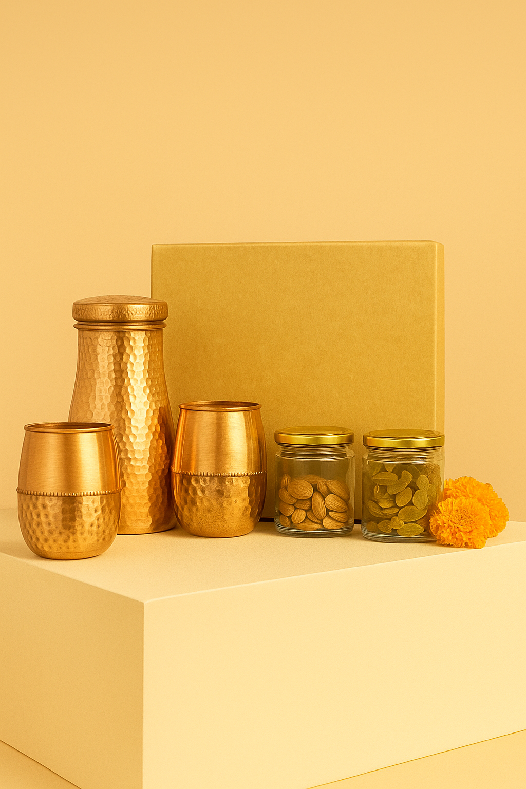 Luxury Glass Dry Fruit Hamper: Jar, 2 Ladoo Glasses, Almonds & Cashews