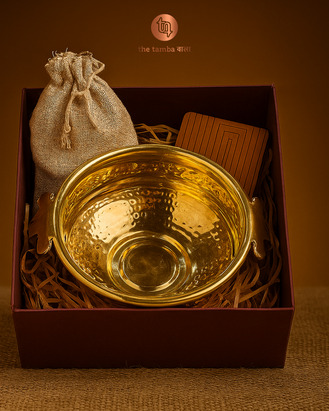 Luxury Brass Urli Gift Hamper with 5" Hammered Bowl & Dry Fruit Potli