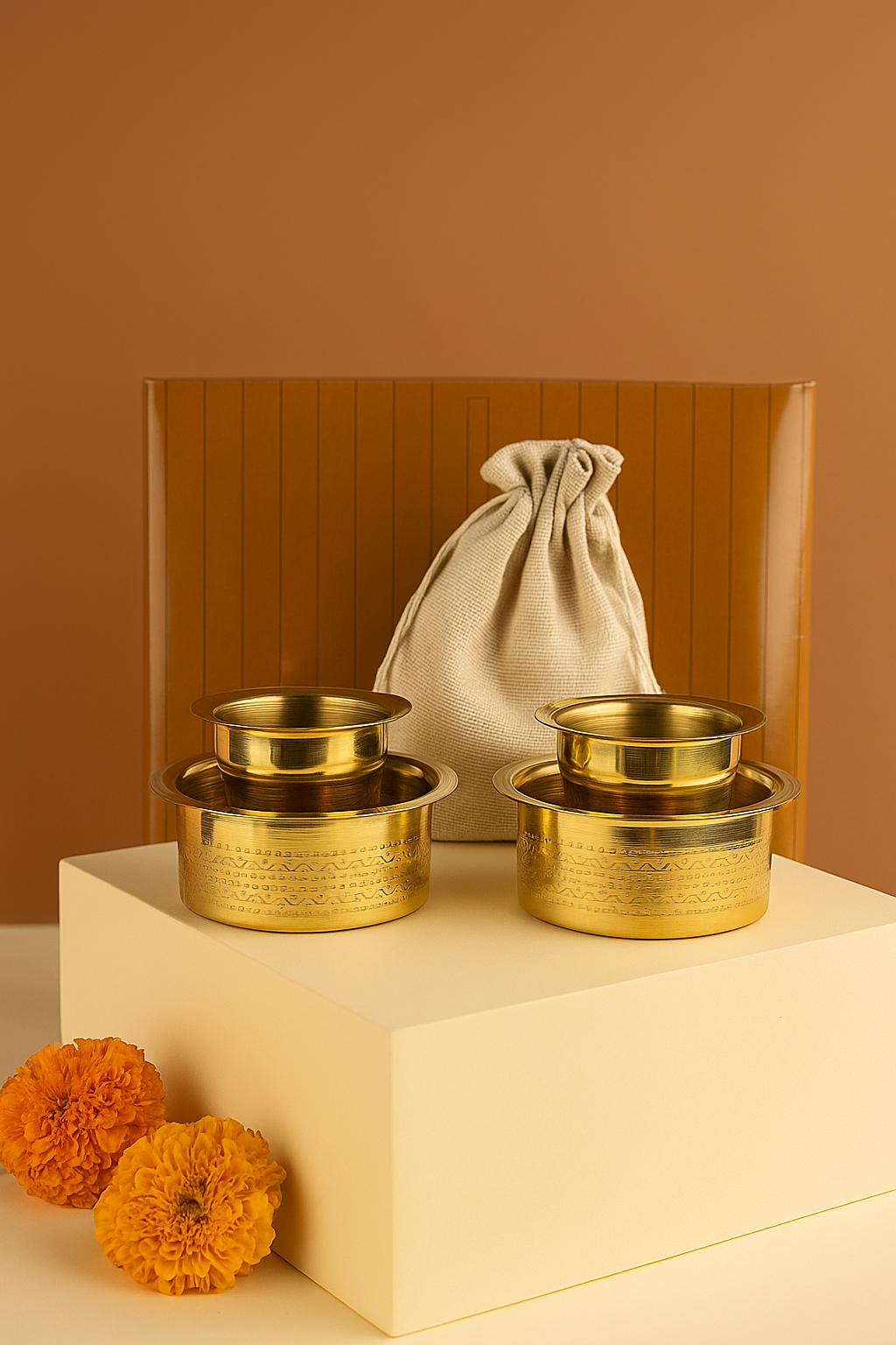 Authentic Brass Dabara Coffee Set (2 Tumblers & Dabara) with Gift Jar