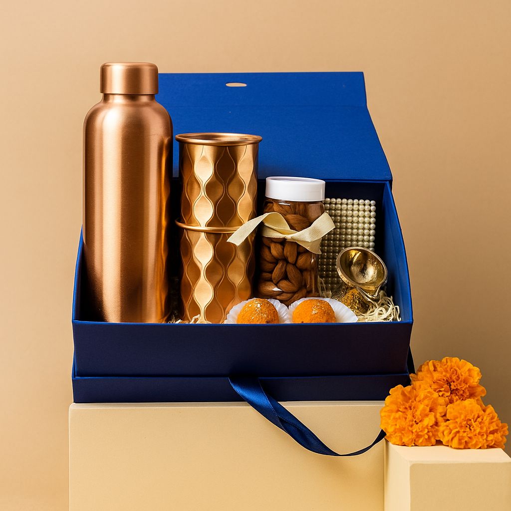 900ml Copper Bottle, Diamond Glass, Almonds & Festive Diya Hamper