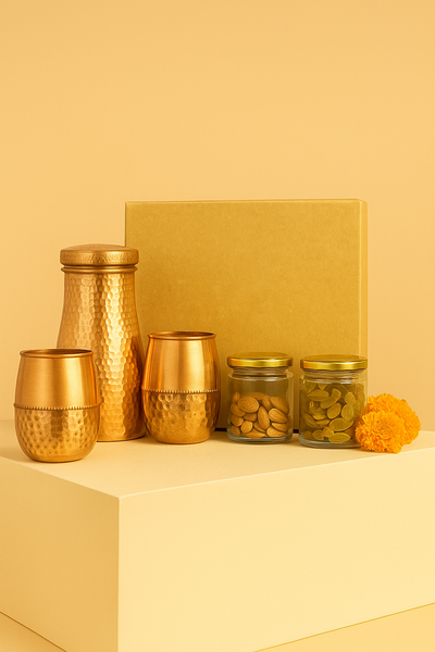 Luxury Glass Dry Fruit Hamper: Jar, 2 Ladoo Glasses, Almonds & Cashews