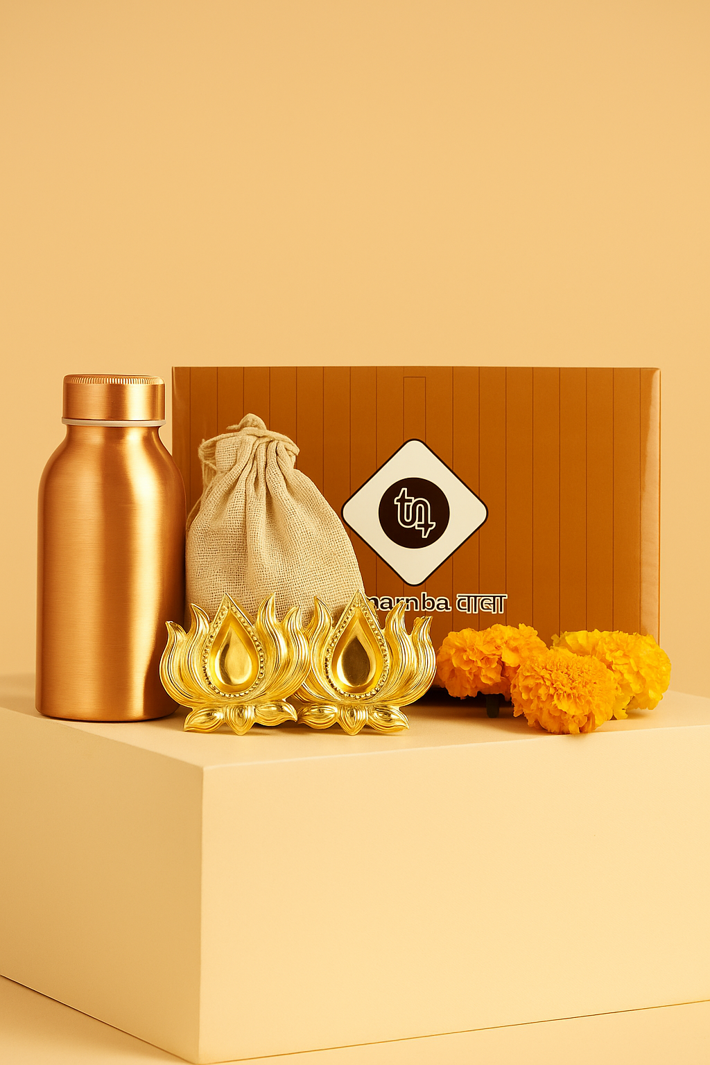 Copper Wellness Bottle (500ml), Almonds & Two Brass Lotus Diyas Hamper
