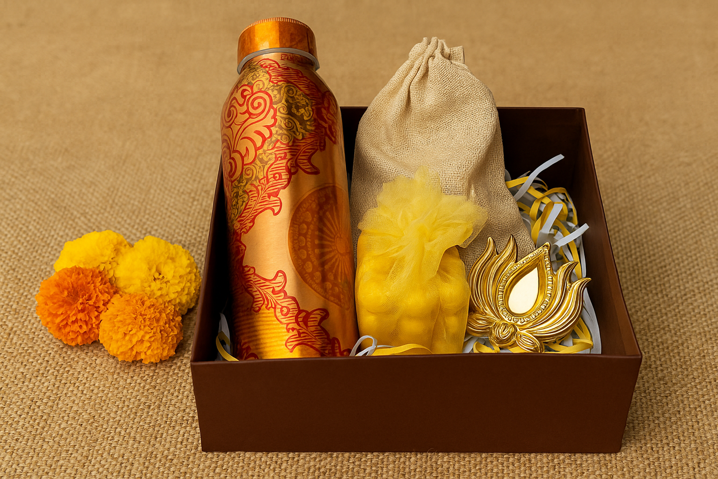 700ml Copper Bottle, Raisin Potli, Candle & 2 Brass Lotus Diyas Hamper