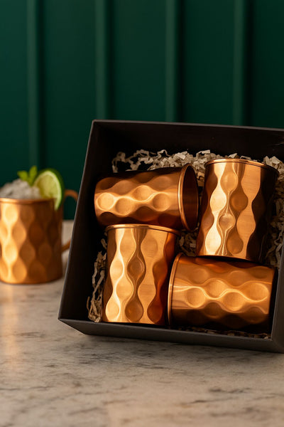 Luxury Copper Diamond Glass Gift Set (4 pc) with Pearl Coasters