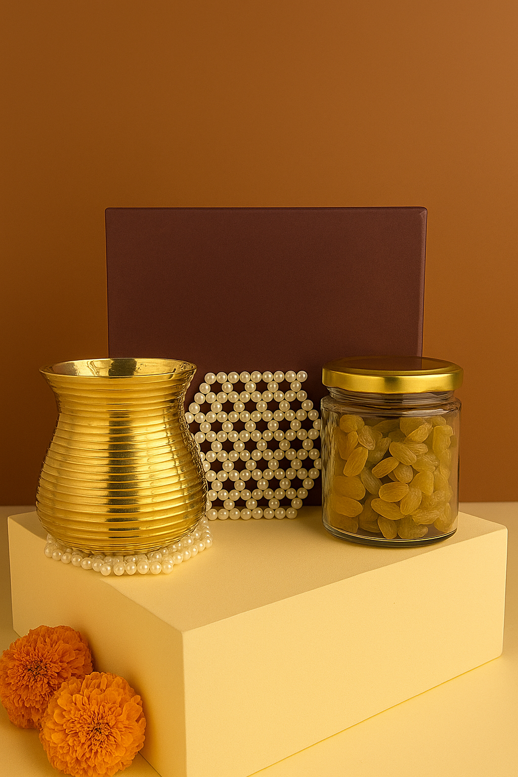 Brass Wellness Glass Set: Tumbler, Dry Fruit Jar & Two Pearl Coasters
