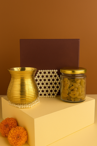 Brass Wellness Glass Set: Tumbler, Dry Fruit Jar & Two Pearl Coasters