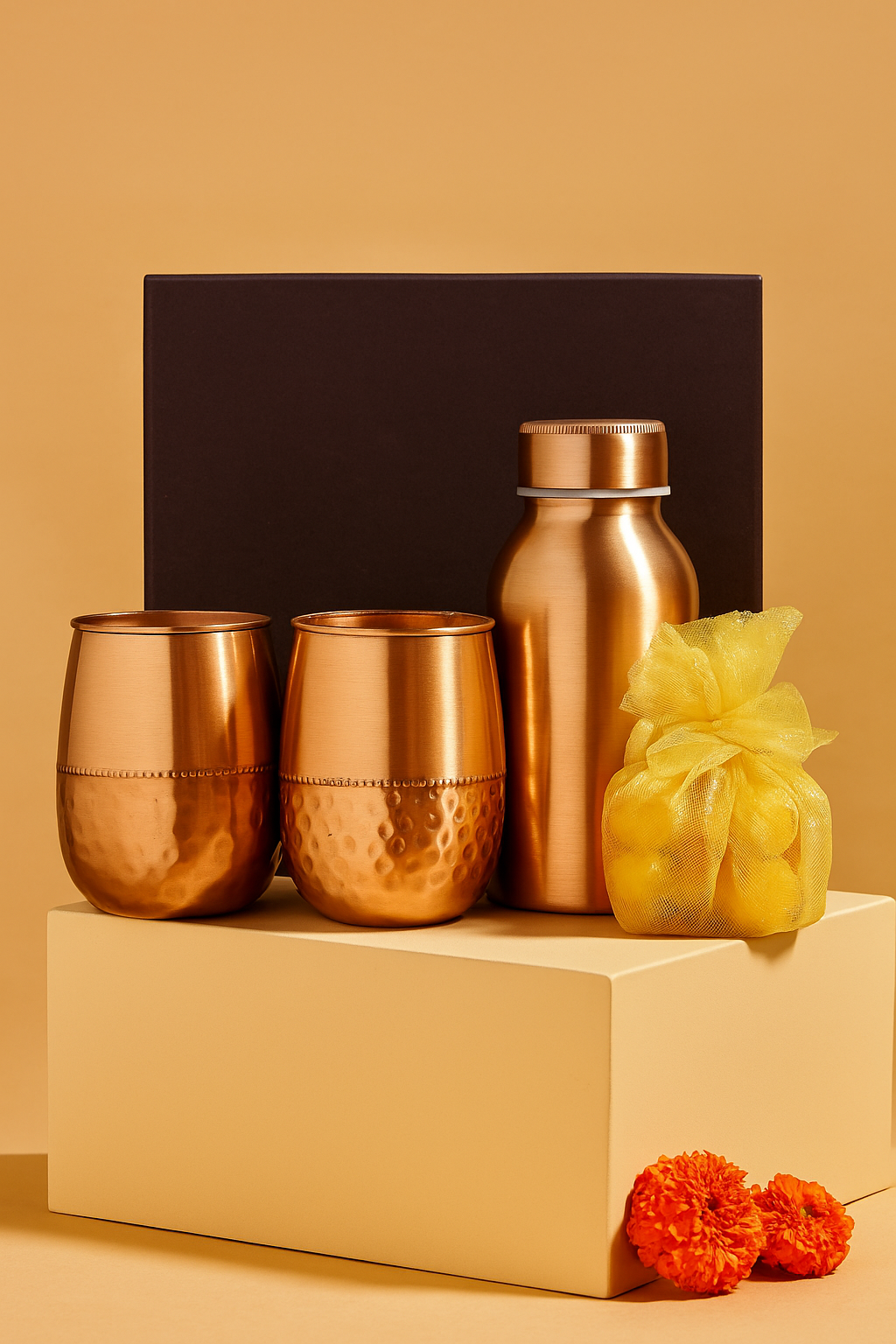 Copper Wellness Hydration Gift Set: 500ml Bottle & 2 Ladoo Glasses