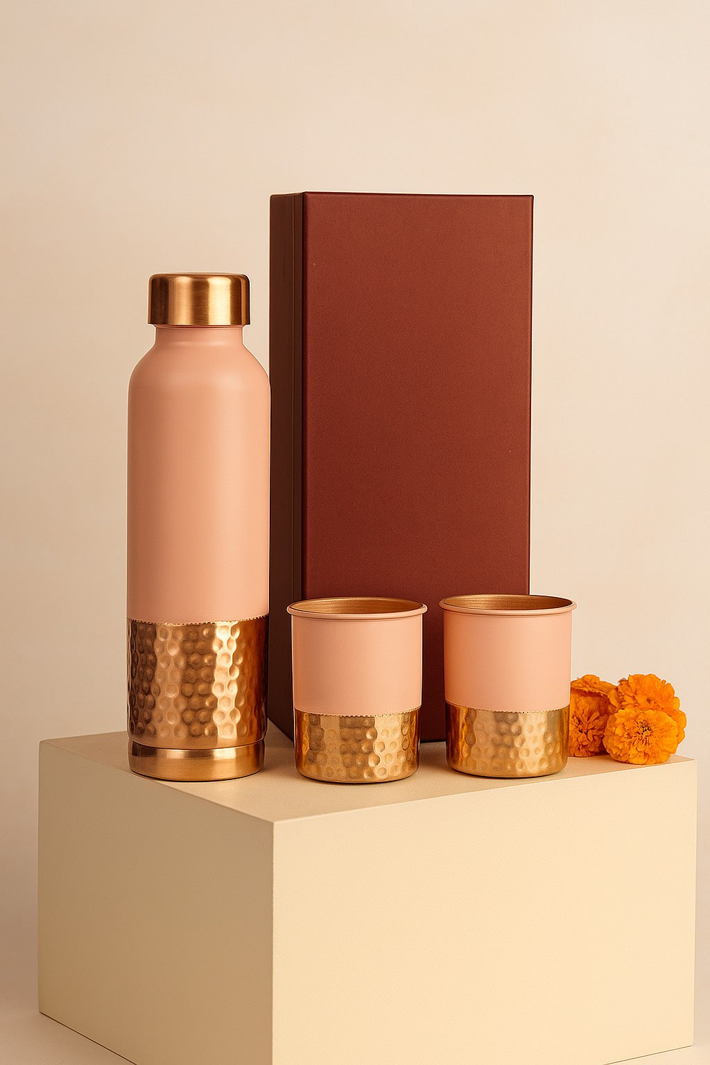 Copper Wellness Set: 900ml Bottle & Two Copper Glasses