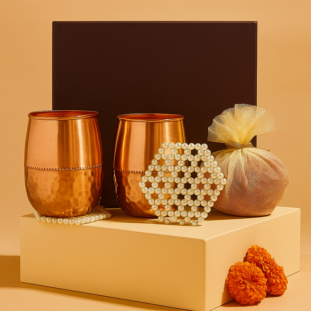 Copper Wellness Set: 2 Ladoo Glasses, Pearl Coaster & Accent Candle