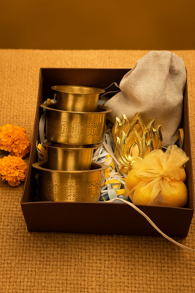 Brass Dabara Coffee Set (4 Pc), Lotus Diya Pair, Raisins & Candle Hamper