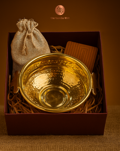 Luxury Brass Urli Gift Hamper with 5" Hammered Bowl & Dry Fruit Potli